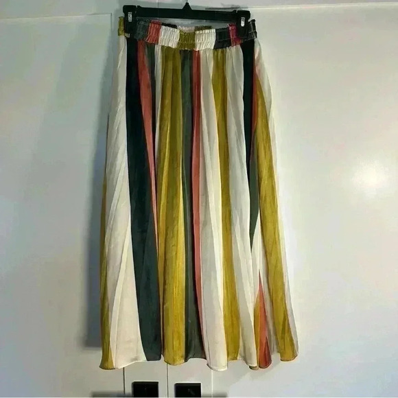 🎆Mystery Satin stripe skirt elastic waist small gold green orange cream midi - Picture 4 of 9